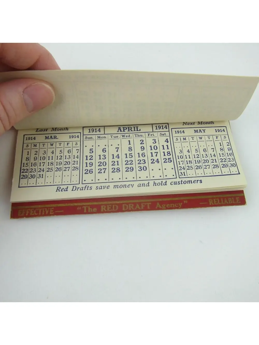 Antique 1914 Calendar Pad K. & M. Red Drafts Agency Debt Collection 4.75 x 2.5